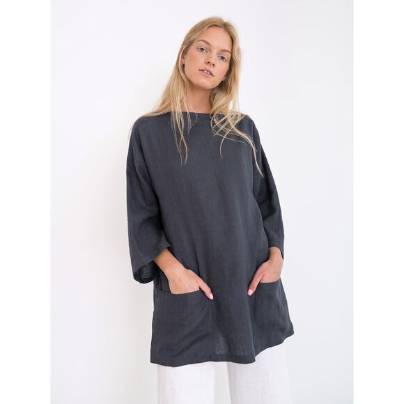 Love and Confuse Alexis Linen Tunic Top Black Front Pocket Lightweight Elegant - Picture 7 of 10